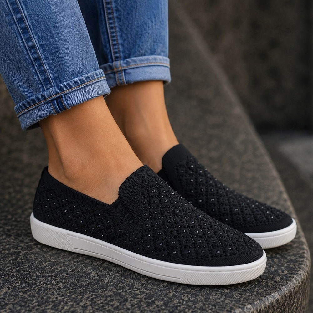 White Mountain Womens Upbringing Bling Slip On Sneakers Size 11M Black White Y2K